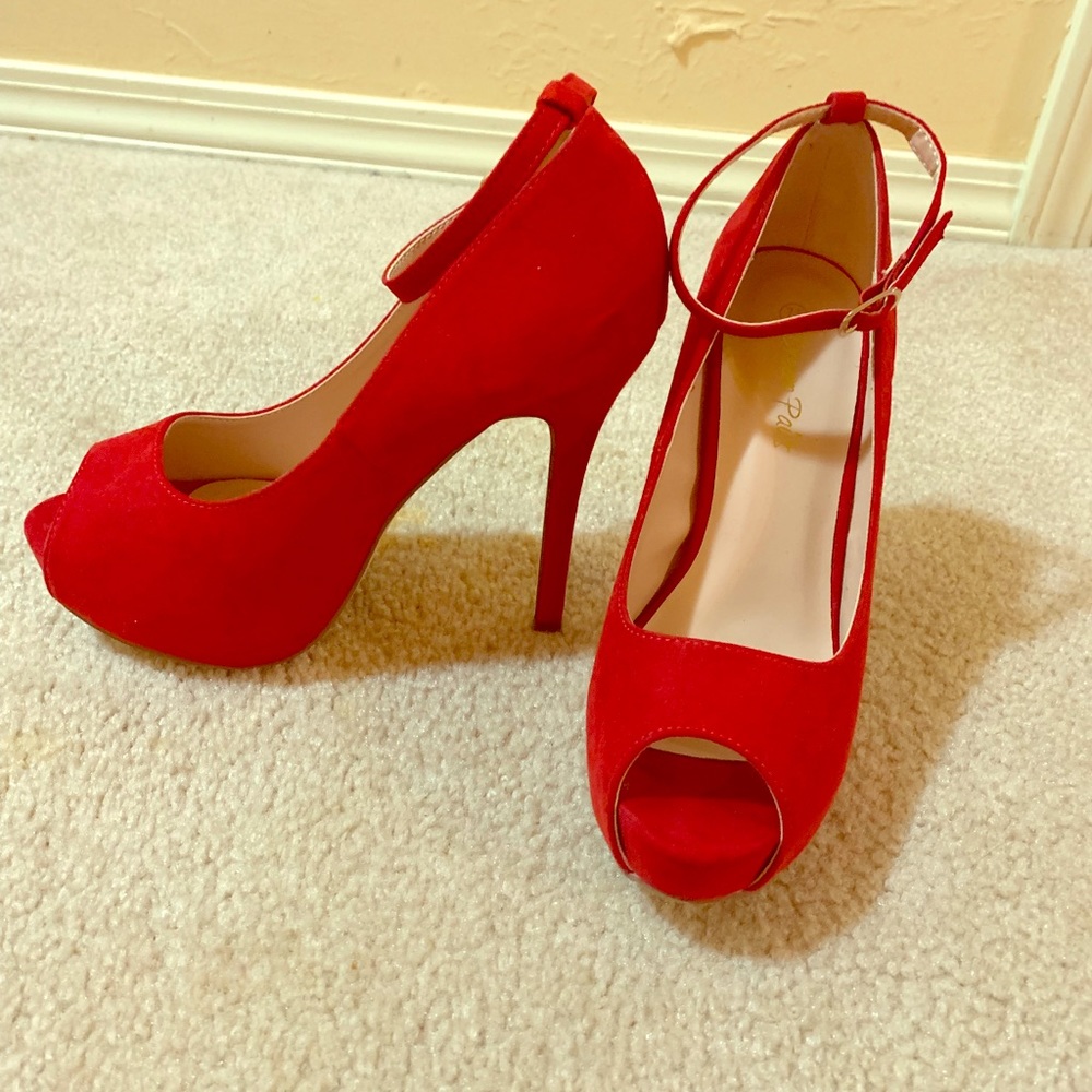 Red open toe, platform pumps